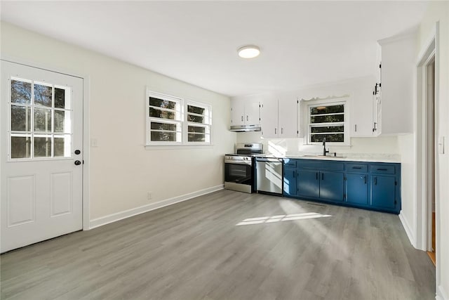 kitchen with a healthy amount of sunlight, sink, white cabinets, and stainless steel appliances