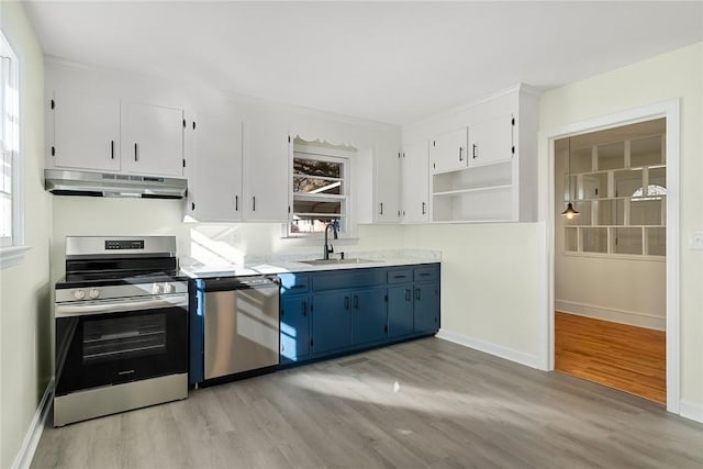 kitchen featuring blue cabinetry, sink, light hardwood / wood-style floors, white cabinets, and appliances with stainless steel finishes