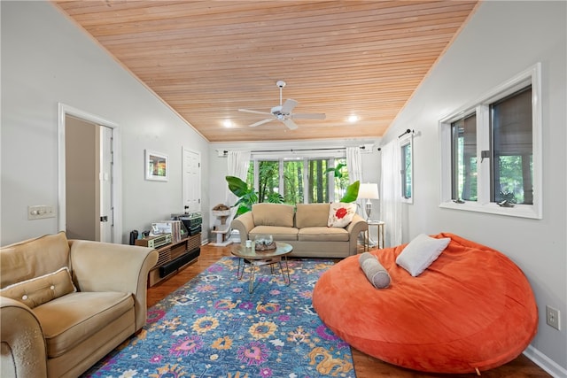 living room with ceiling fan, wooden ceiling, lofted ceiling, and wood-type flooring