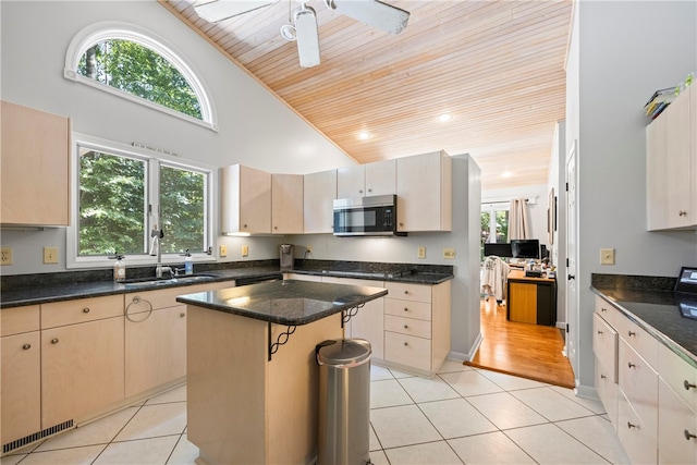 kitchen with a healthy amount of sunlight, a center island, wooden ceiling, and sink