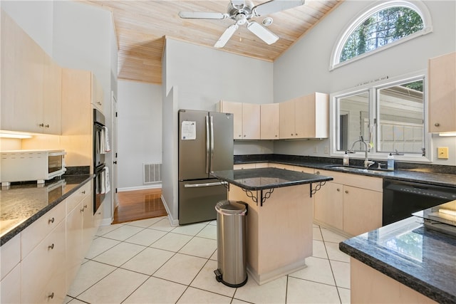 kitchen featuring stainless steel fridge, high vaulted ceiling, wooden ceiling, black dishwasher, and a kitchen island