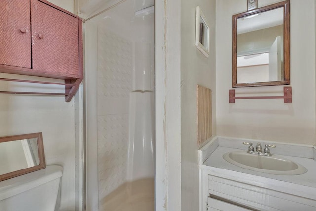 bathroom featuring a shower, vanity, and toilet