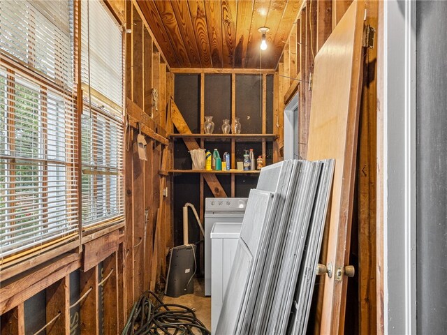 laundry room featuring carpet, wooden ceiling, and washer / dryer