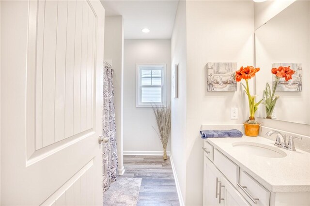 bathroom with vanity and wood-type flooring