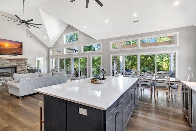 kitchen featuring dark hardwood / wood-style flooring, a kitchen island, a stone fireplace, and high vaulted ceiling