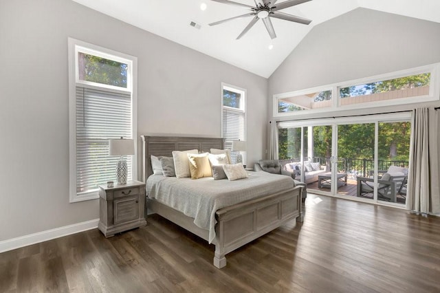 bedroom with access to exterior, ceiling fan, dark hardwood / wood-style flooring, and lofted ceiling