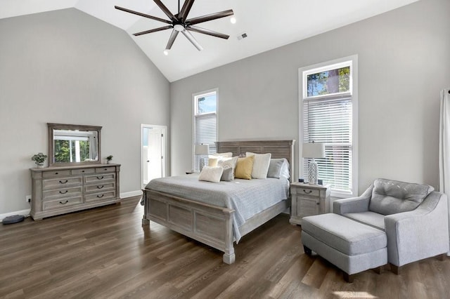 bedroom with ceiling fan, dark hardwood / wood-style flooring, and lofted ceiling