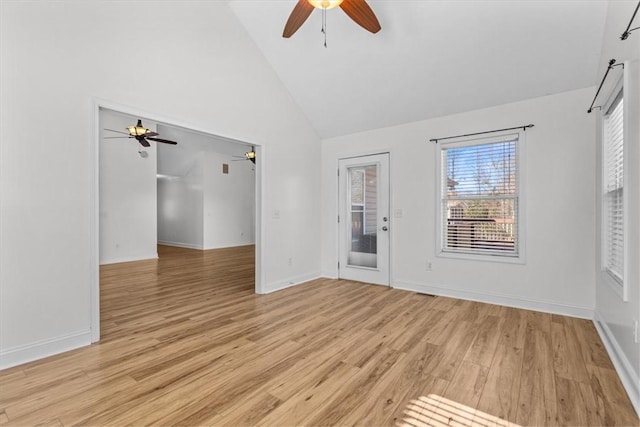 unfurnished living room featuring ceiling fan, light hardwood / wood-style flooring, and high vaulted ceiling