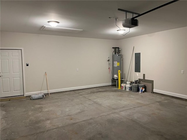 garage featuring electric panel, gas water heater, and a garage door opener