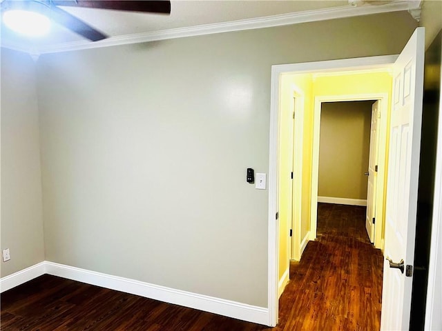 hallway with dark hardwood / wood-style floors and crown molding