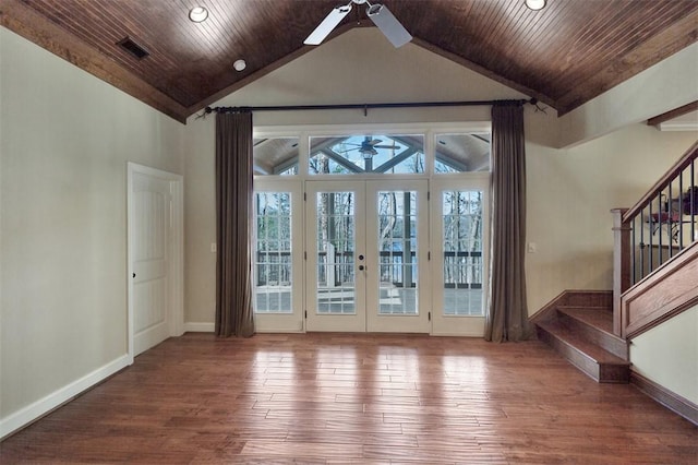 interior space with wood-type flooring, wood ceiling, and french doors