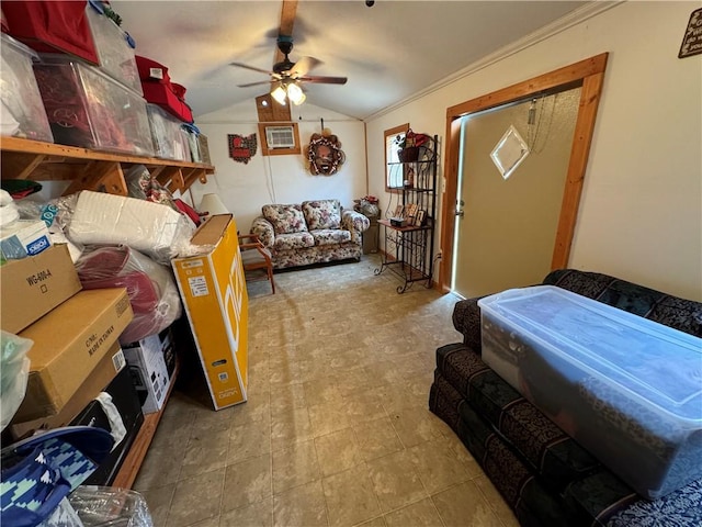 bedroom featuring ceiling fan, crown molding, and vaulted ceiling