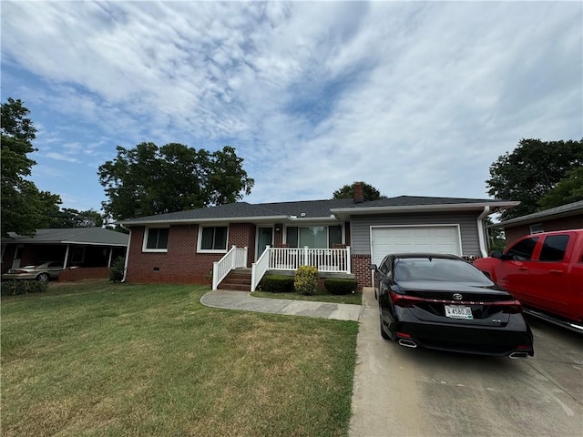 ranch-style home with a garage and a front lawn