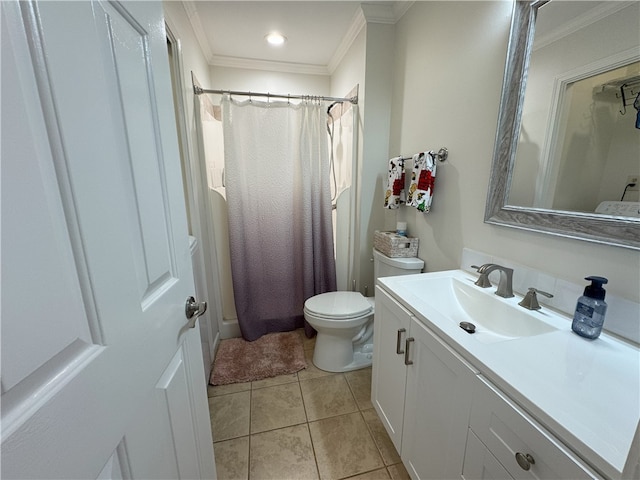 bathroom featuring curtained shower, tile patterned floors, crown molding, toilet, and vanity