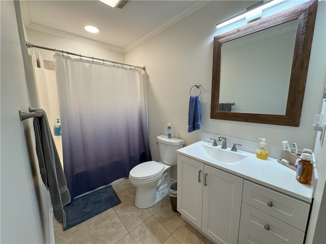 full bathroom with vanity, tile patterned floors, toilet, ornamental molding, and shower / tub combo