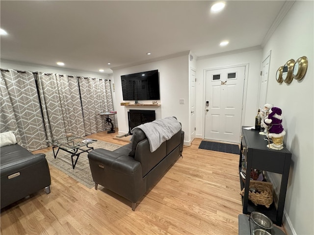 living room with light wood-type flooring and crown molding