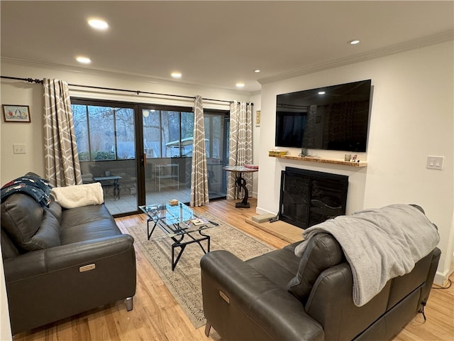 living room featuring crown molding and light hardwood / wood-style flooring