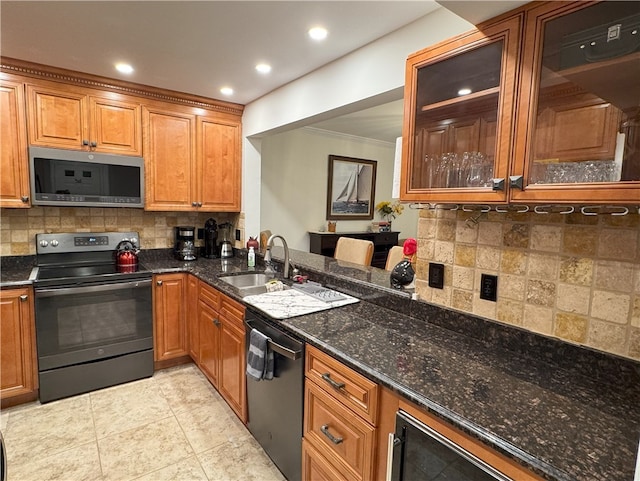 kitchen with tasteful backsplash, crown molding, sink, dishwasher, and black range with electric stovetop