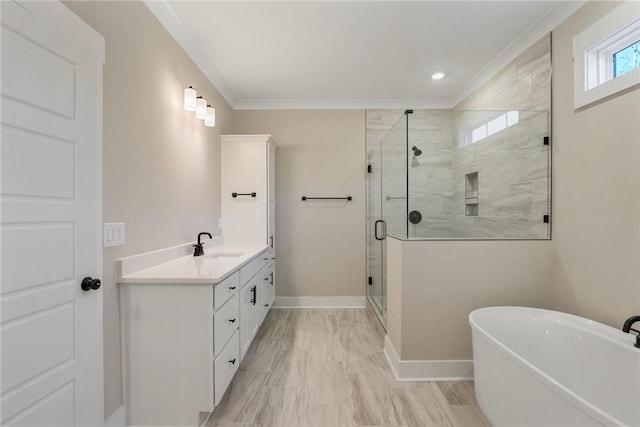 bathroom featuring vanity, separate shower and tub, and crown molding