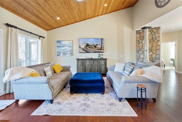 living room with lofted ceiling, dark hardwood / wood-style floors, and wooden ceiling