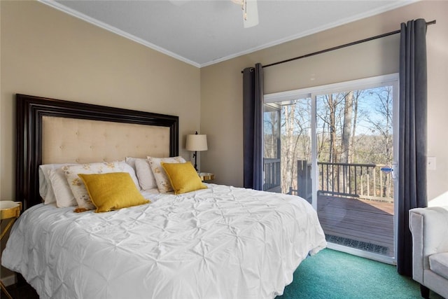 bedroom featuring access to exterior, ceiling fan, carpet floors, and ornamental molding