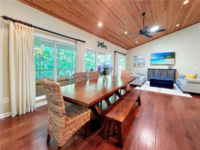 dining room featuring wood ceiling, ceiling fan, dark wood-type flooring, and lofted ceiling