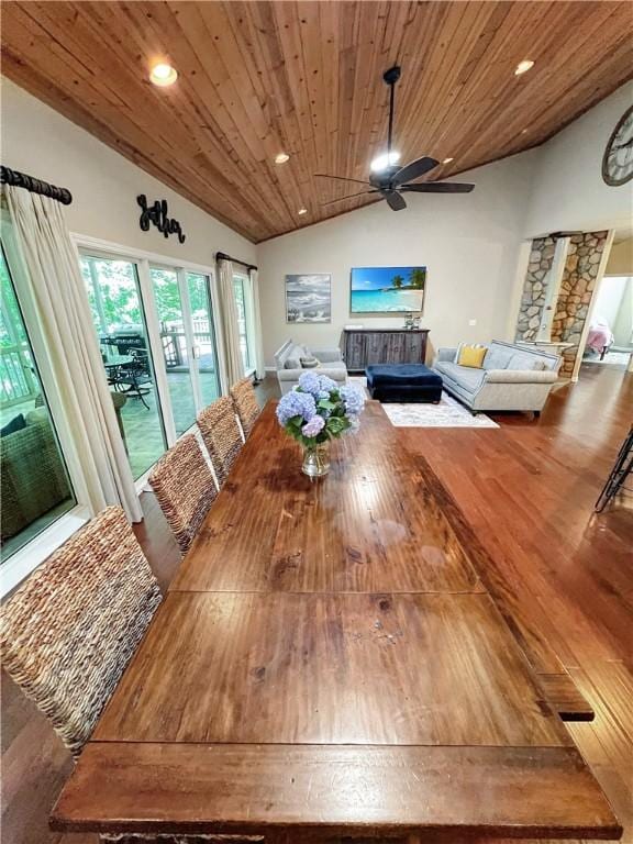 dining area featuring wooden ceiling, ceiling fan, lofted ceiling, and hardwood / wood-style flooring