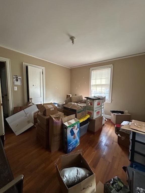 misc room with crown molding and dark wood-type flooring