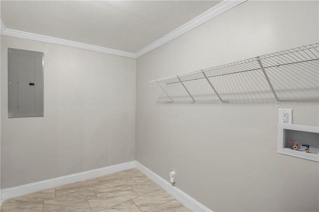 laundry room featuring tile patterned floors, electric panel, washer hookup, and ornamental molding