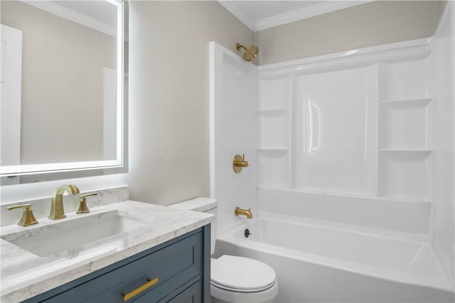 full bathroom with tub / shower combination, vanity, toilet, and crown molding