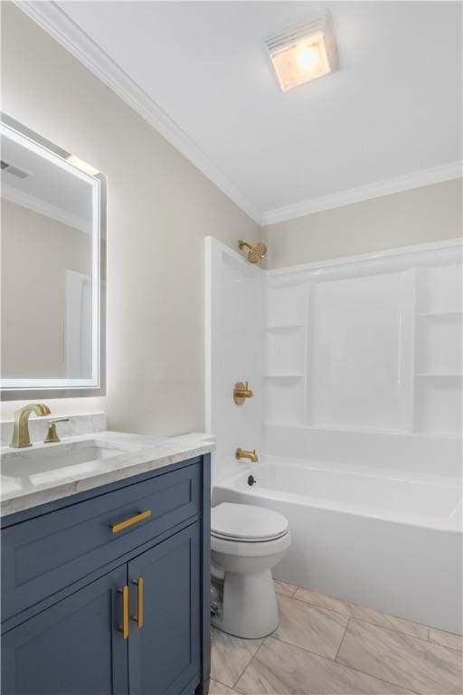 full bathroom featuring shower / bathing tub combination, vanity, toilet, and ornamental molding