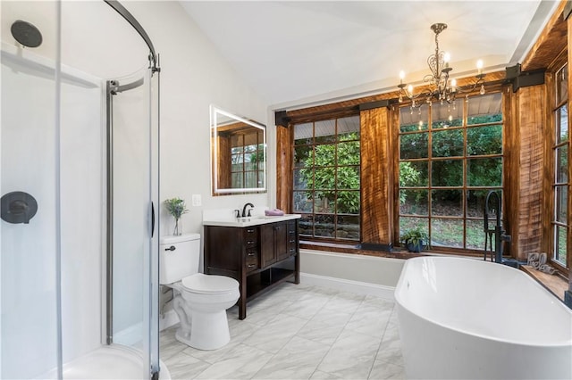 full bathroom featuring vanity, vaulted ceiling, separate shower and tub, toilet, and a notable chandelier