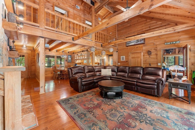 living room with hardwood / wood-style floors, wood walls, and wooden ceiling