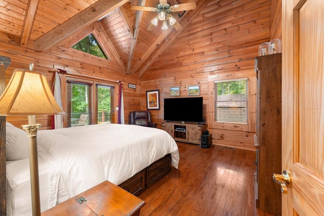 bedroom featuring ceiling fan, wooden ceiling, wood walls, wood-type flooring, and access to outside