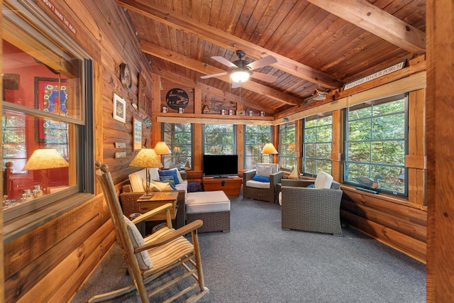 sunroom / solarium featuring lofted ceiling with beams, ceiling fan, and wood ceiling