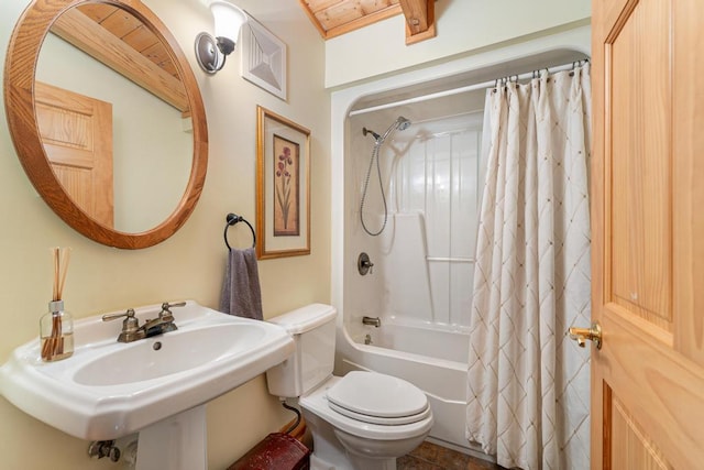 bathroom with shower / bath combination with curtain, toilet, and wood ceiling