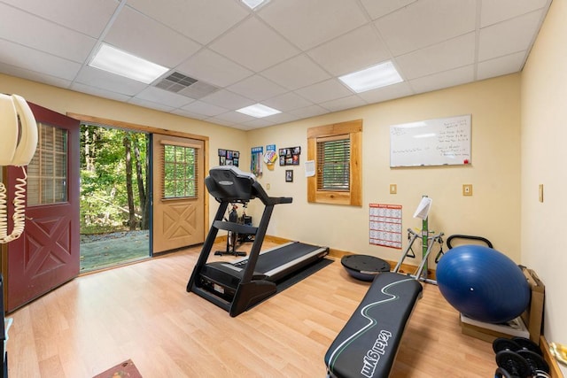 exercise area featuring a paneled ceiling and wood-type flooring