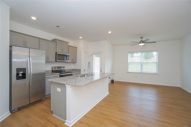 kitchen featuring stainless steel appliances, ceiling fan, sink, gray cabinets, and an island with sink