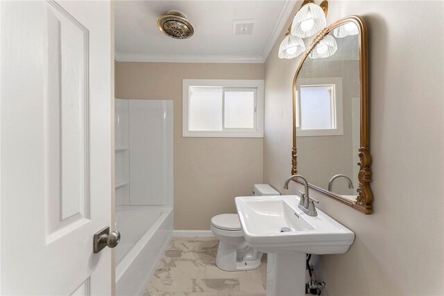 full bathroom with sink, toilet, shower / bath combination, and crown molding