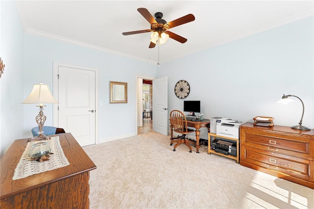 office featuring light carpet, ceiling fan, and ornamental molding