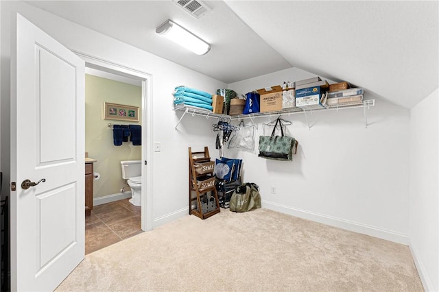 spacious closet with carpet floors and lofted ceiling