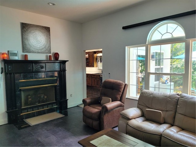 living area featuring baseboards and a tile fireplace