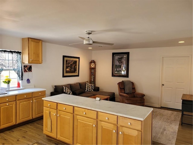 kitchen with open floor plan, a kitchen island, wood finished floors, and a ceiling fan