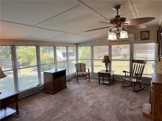 sunroom featuring a wealth of natural light, ceiling fan, and lofted ceiling