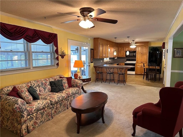 carpeted living room featuring a textured ceiling, ceiling fan, and crown molding