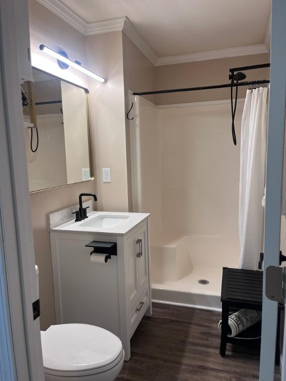 bathroom with vanity, curtained shower, toilet, and crown molding