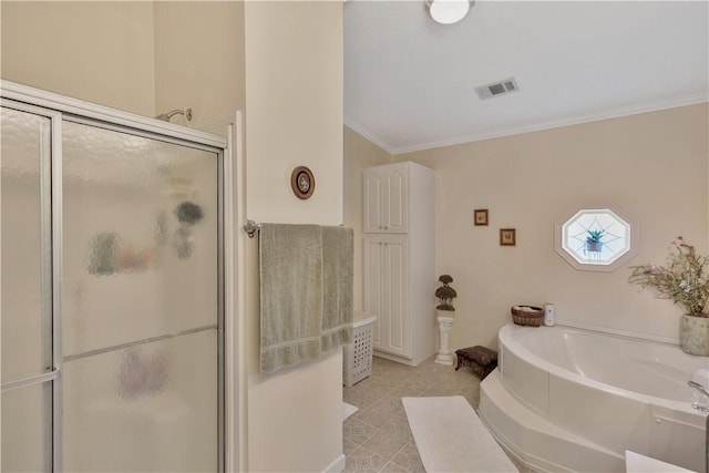 bathroom featuring separate shower and tub and crown molding