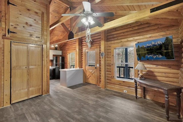 interior space with high vaulted ceiling, beam ceiling, wooden ceiling, and log walls