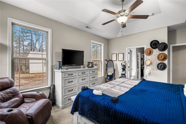 carpeted bedroom featuring multiple windows, a tray ceiling, and ceiling fan