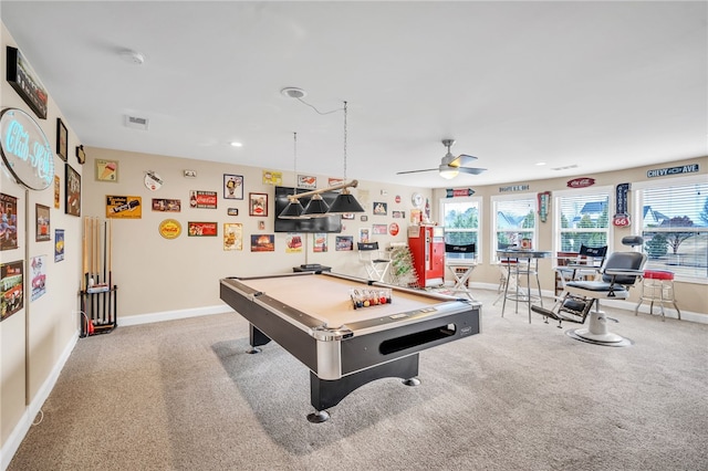 recreation room featuring light colored carpet, ceiling fan, and pool table